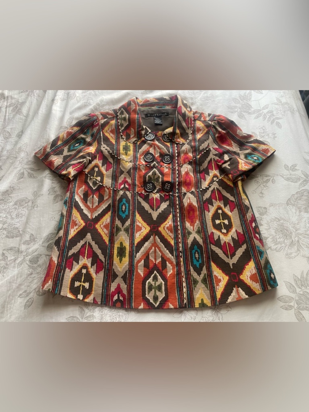 Vintage Ikat Cropped Short Sleeve Blazer Top Scallop Collar Small Chic Western